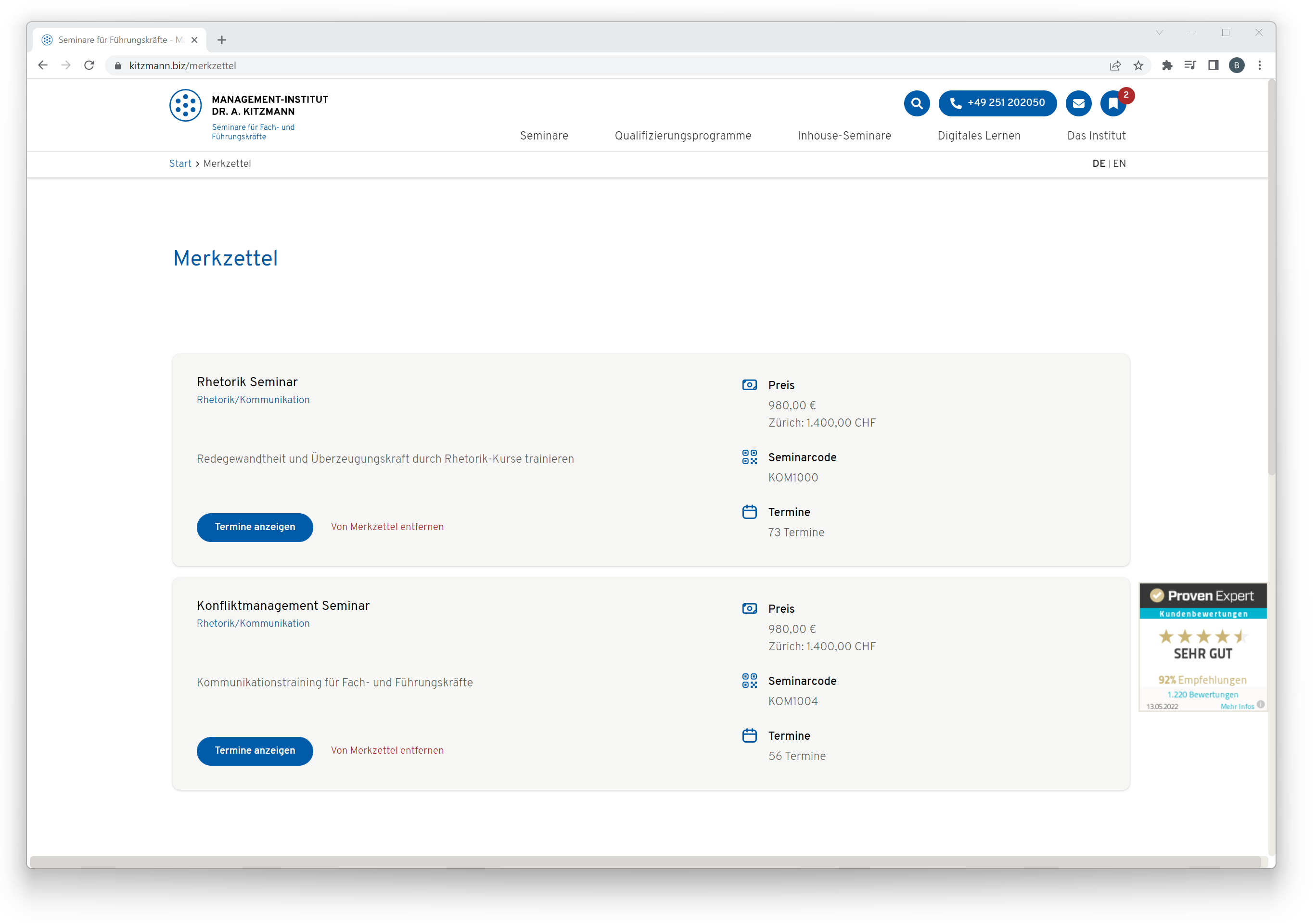 Merkliste der Seminar-Plattform - Seminare speichern und Vergleichen