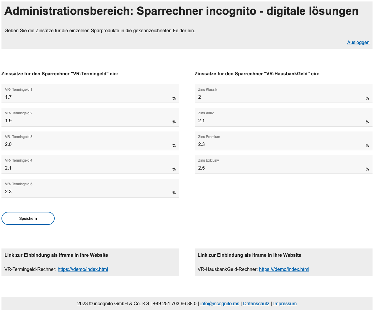 Administationsbereich des Sparrechners